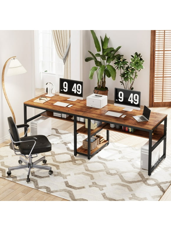 TribeSigns Two Person Desk with Bookshelf, 78.7 Computer Office Double Desk for Two Person, Rustic Writing Desk Workstation with Shelf for Home Office (Rustic)