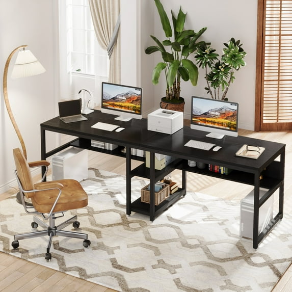 TribeSigns Two Person Desk with Bookshelf, 78.7 Computer Office Double Desk for Two Person,Writing Desk Workstation for Home Office,Black
