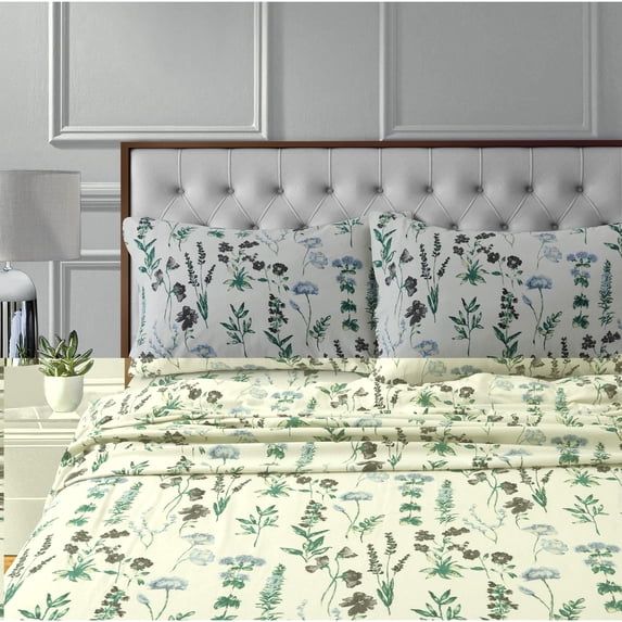 Tribeca Living 170-GSM Soft Flannel Extra Deep Pocket Bed Sheet Set with Oversized Flat fleur Full Flannel Floral Traditional