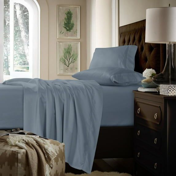 Tribeca Living 750TC Cotton Extra Deep Pocket Sheet Set with Oversized Flat Sheet Dusty Blue Queen