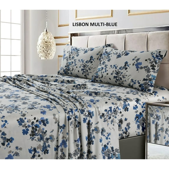 Tribeca Living 300 Thread Count Cotton Ultra-soft Printed Deep Pocket Bed Sheet Set lisbon blue-multi Twin Xl Botanical Modern & Contemporary