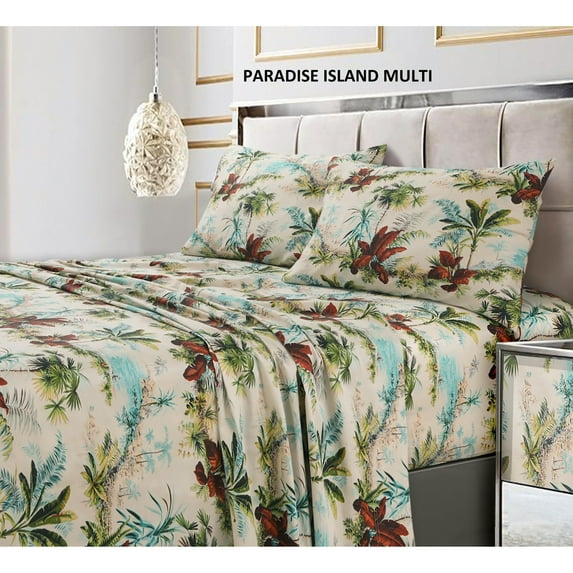 Tribeca Living 300 Thread Count Cotton Ultra-soft Printed Deep Pocket Bed Sheet Set paradise island multi Queen Nature Tropical
