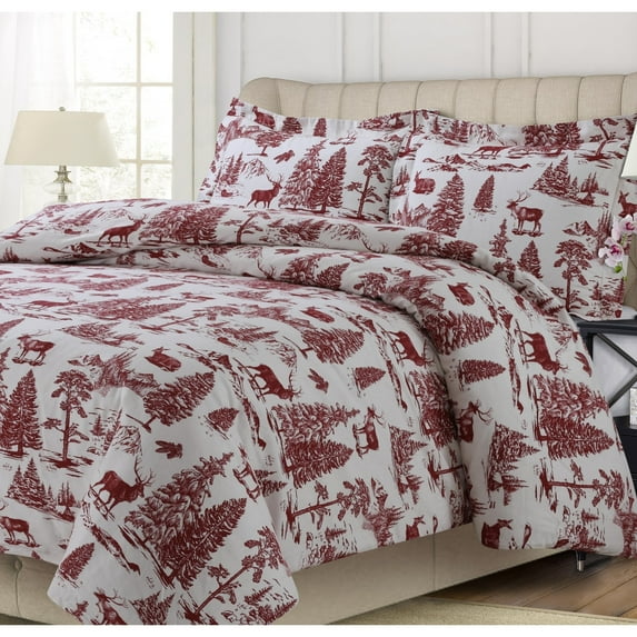 Tribeca Living 200-GSM Heavyweight Soft Flannel Printed Oversized Duvet Cover Set deer toile deep red Queen Wildlife Traditional