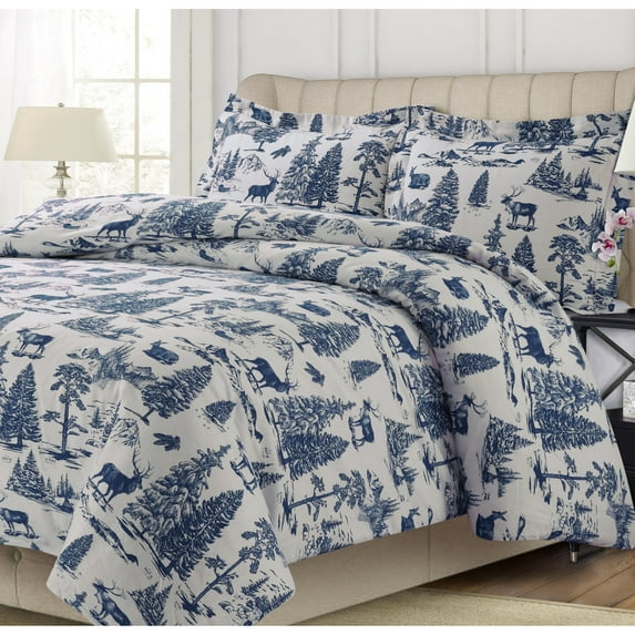 Tribeca Living 200-GSM Heavyweight Soft Flannel Printed Oversized Duvet Cover Set deer toile navy King Wildlife Traditional
