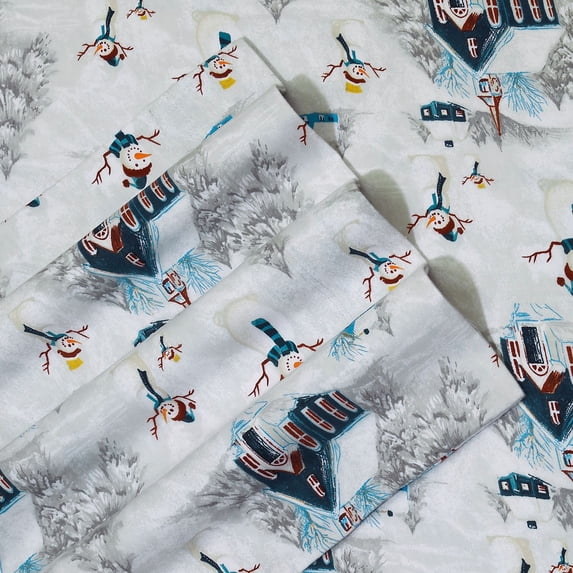 Tribeca Living Snowman Printed Flannel Printed Extra Deep Pocket Sheet Set Cal King Navy Red