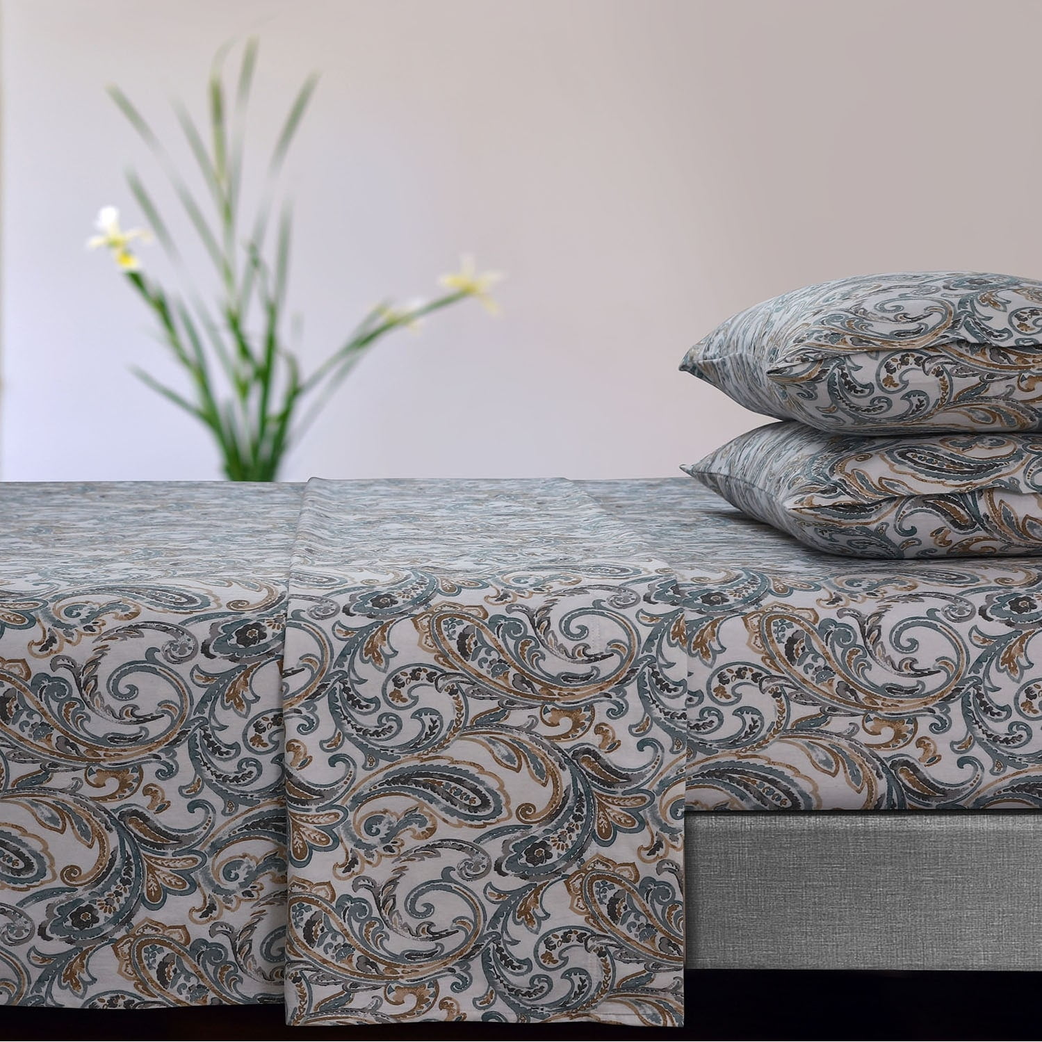 Queen Blue Floral Cotton Flannel Deep Pocket Sheet Set
