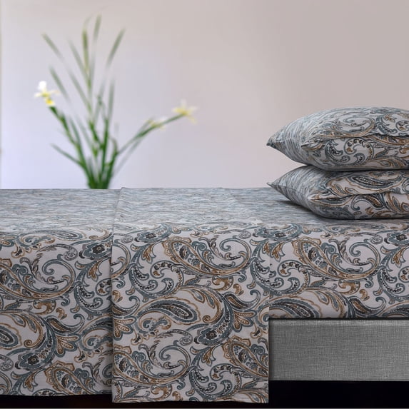 Tribeca Living Soft 170-GSM Cotton Flannel Printed Extra Deep Pocket Sheet Set Camilla Green Twin XL Paisley