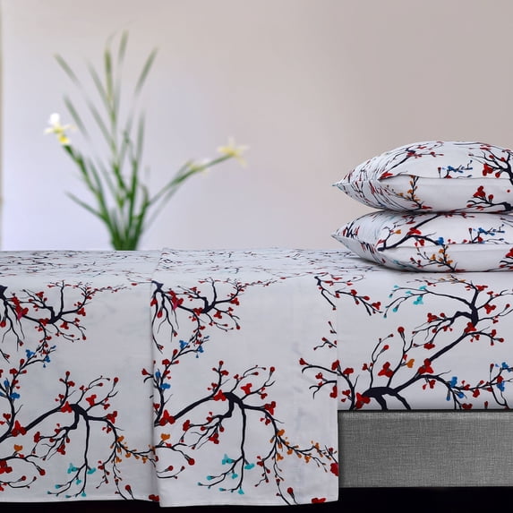 Tribeca Living Soft 170-GSM Cotton Flannel Printed Extra Deep Pocket Sheet Set Emilia Multicolor Full Flannel Floral