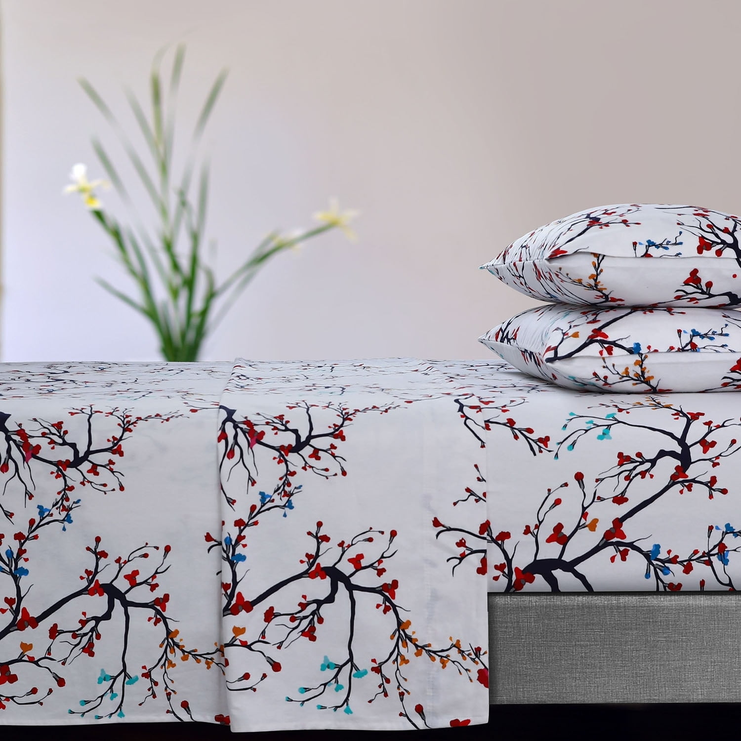 King Blue Floral Cotton Flannel Deep Pocket Sheet Set