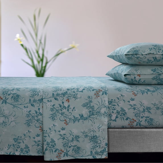 Tribeca Living Soft 170-GSM Cotton Flannel Printed Extra Deep Pocket Sheet Set Katy Green Cal King Floral