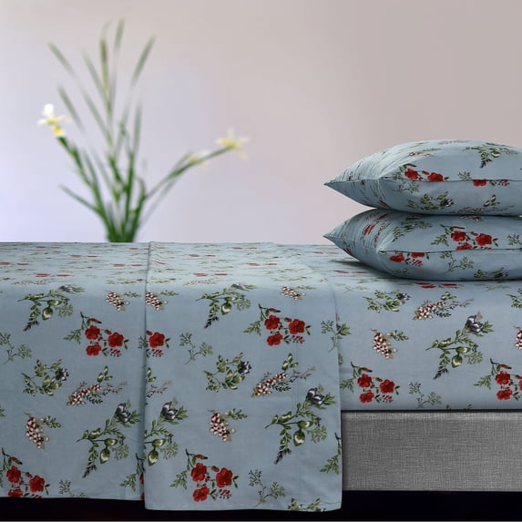 Tribeca Living Soft 170-GSM Cotton Flannel Printed Extra Deep Pocket Sheet Set Leilani Blue Cal King Floral