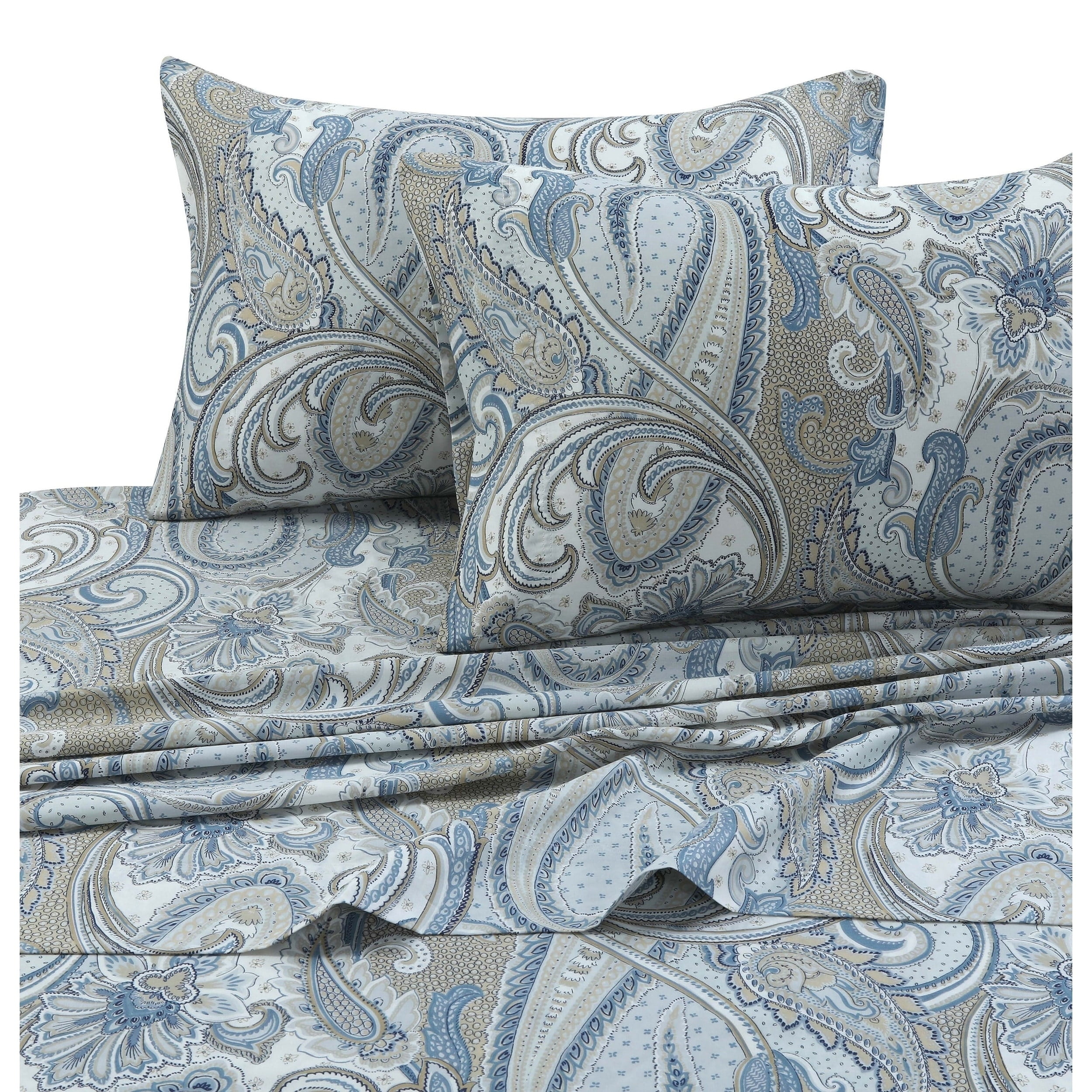 Twin Blue Paisley Cotton Sateen Deep Pocket Sheet Set