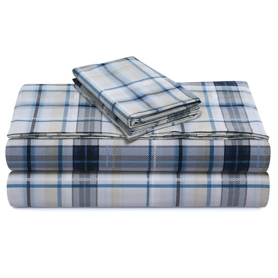 Tribeca Living Solid or Printed 300 Thread Count Cotton Percale Extra Deep Pocket Sheet Set Twin - Tribeca Plaid