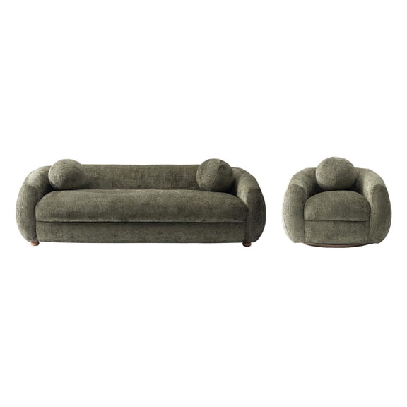 Tribeca Sofa and Accent Chair with Solid Wood Frame in Olive Green - Set of 2