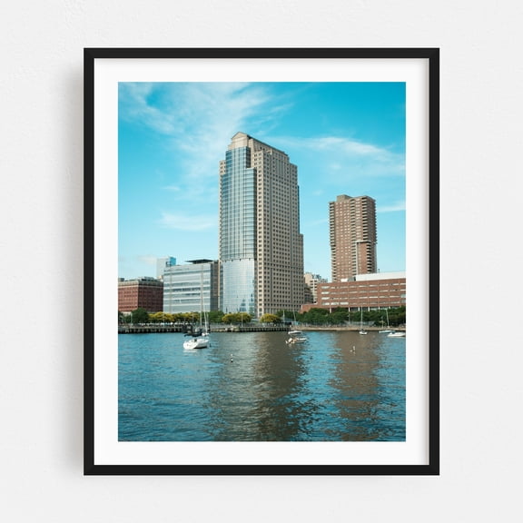 Tribeca Waterfront - Manhattan New York Photography City Skyline Architecture Harbor Boat Travel Poster Black Framed Wall Art Print 6 x 8 inches
