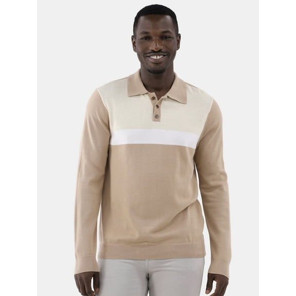 Tribekka 44 Men's Colorblock Button Polo Shirt with Long Sleeves, Sizes XS-3XL
