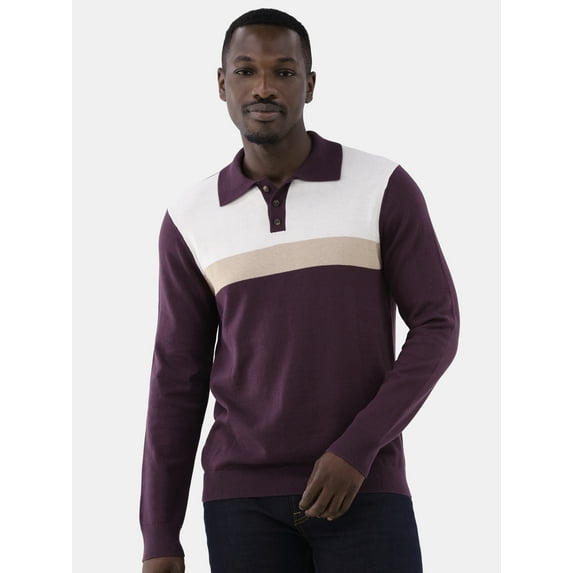 Tribekka 44 Men's Colorblock Button Polo Shirt with Long Sleeves, Sizes XS-3XL