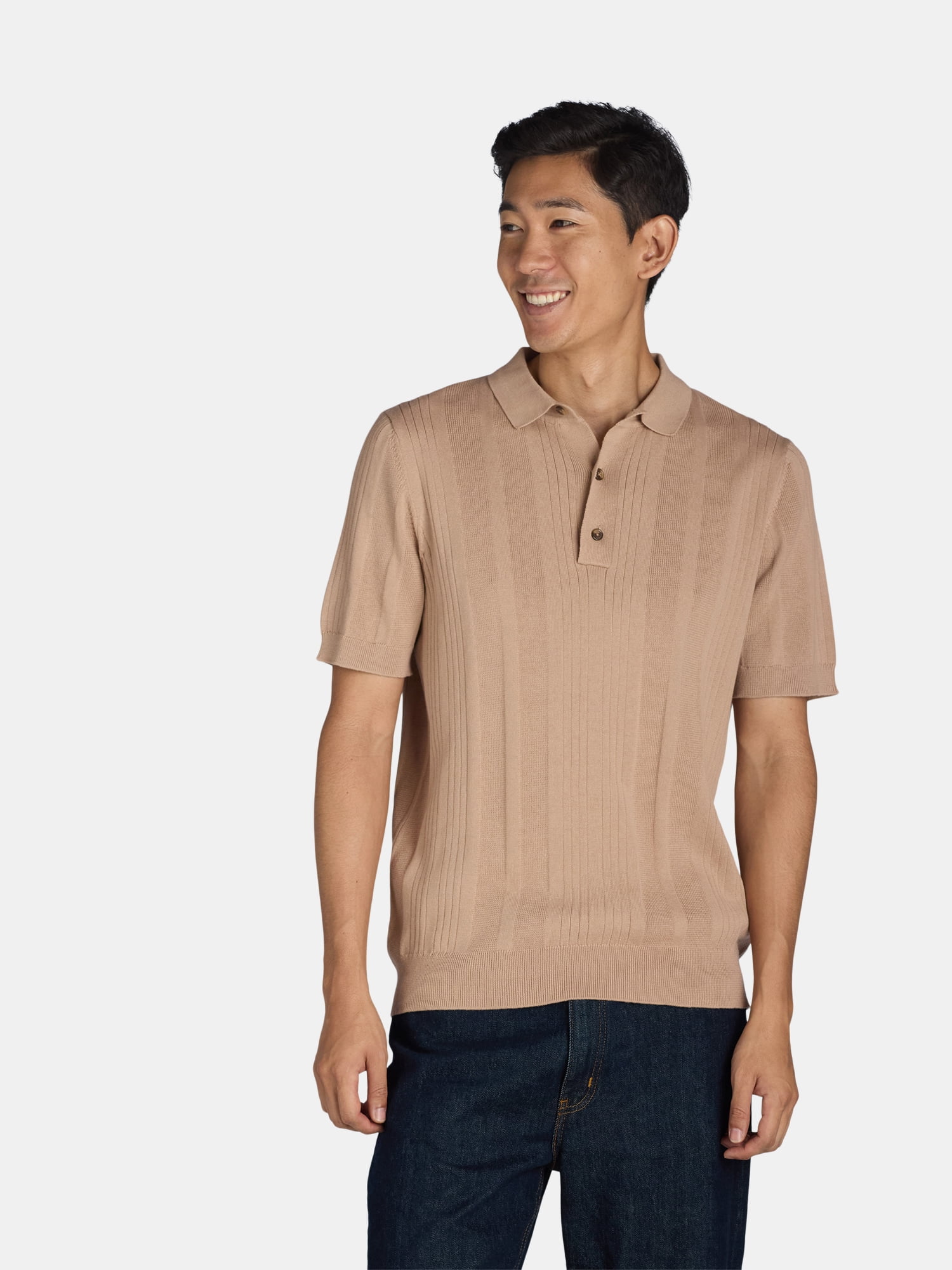 Ribbed Knit Polo Collar Short Sleeve Sweater