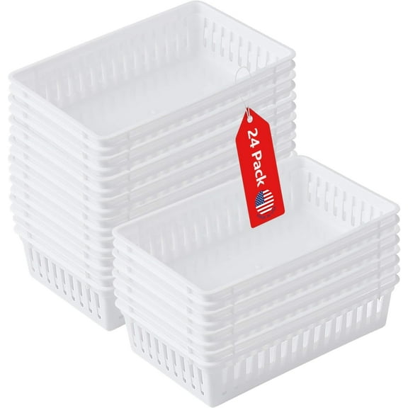 Tribello Plastic Bin Baskets for Organizing, White Storage Tray, Rectangle 9 x 6 x 2 - Pack of 24 - Made in USA (24 Pack)