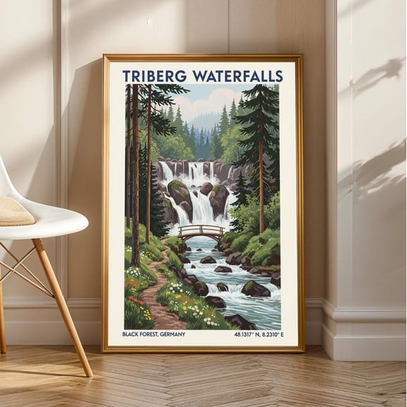 Triberg Waterfalls Germany Print - Green And Blue, Brown And White Vintage Travel Poster - Nature Art For Living Room, Office, Bedroom Decor, Unframed Poster Size 8x12
