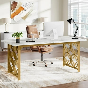 Tribesign Executive Desk, Modern Office Desk with Strong Metal Frame Large Writing Desk, White Gold