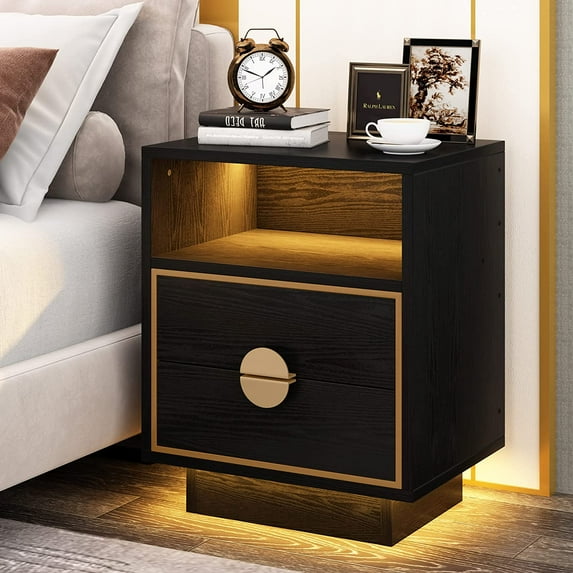 Tribesign LED Nightstands, Black Wood Nightstand with Led Lights, End Table with 2 Drawers for Bedroom, Living Room