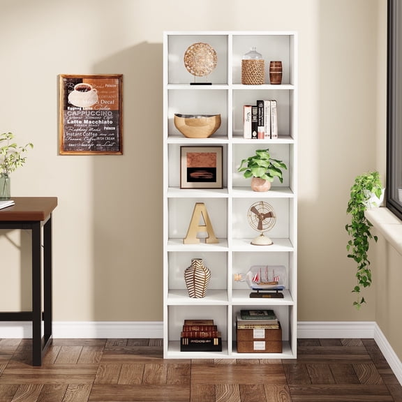 Finmind 12-Cube Bookcase, 71.65" Tall Display Storage Organizer for Living Room, Office, White