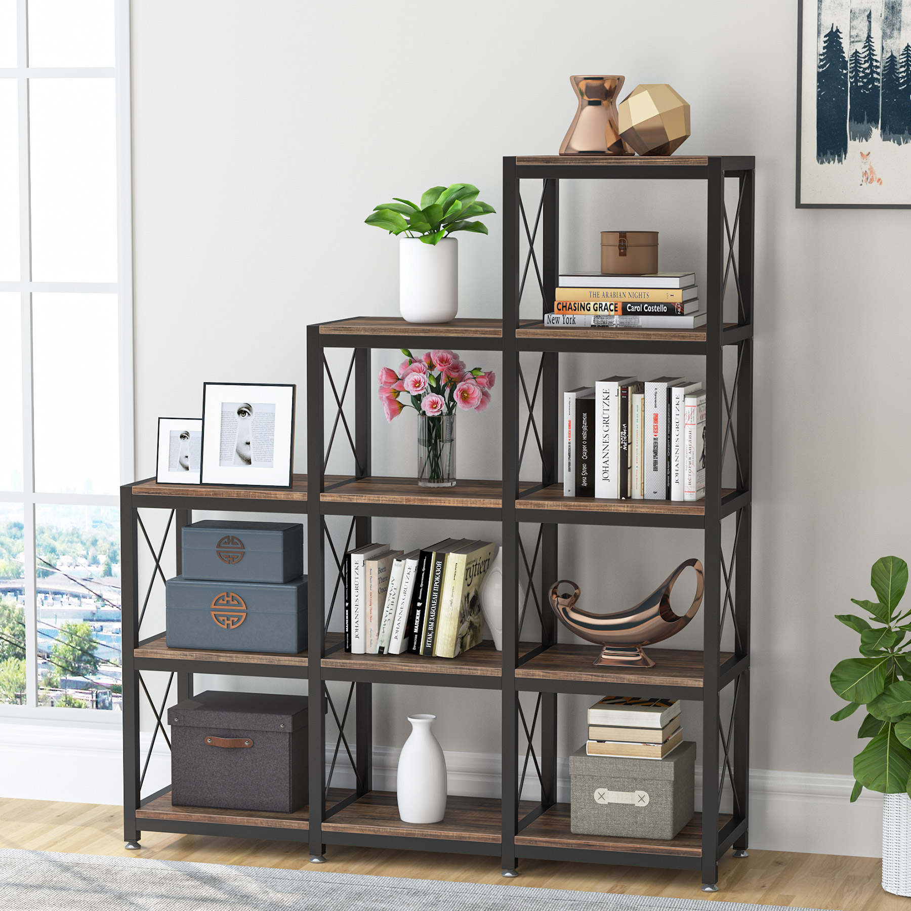 Tribesigns 12-shelf Bookcase, 5-tier Industrial Step Bookshelf for Home Office, Rustic Brown - image 1 of 7