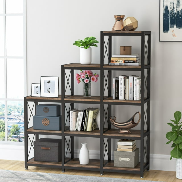 Tribesigns 12-shelf Bookcase, 5-tier Industrial Step Bookshelf for Home Office, Rustic Brown