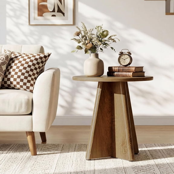 Tribesigns 19.7-Inch Round End Table, Modern Farmhouse Side Table for Living Room, Small Wooden Bedside Nightstand Accent Table with Sculptural Base, Natural Oak