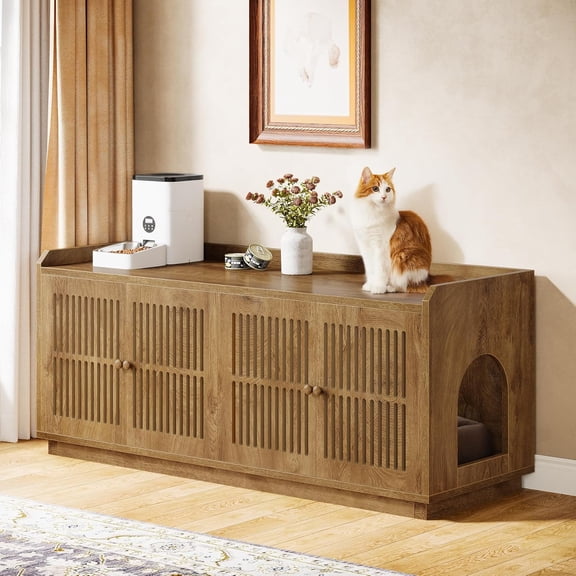 Tribesigns 2 Cats Litter Box Enclosure, 55.1-Inch Extra Large Hidden Litter Box Furniture with Storage for Living Room, Light Brown