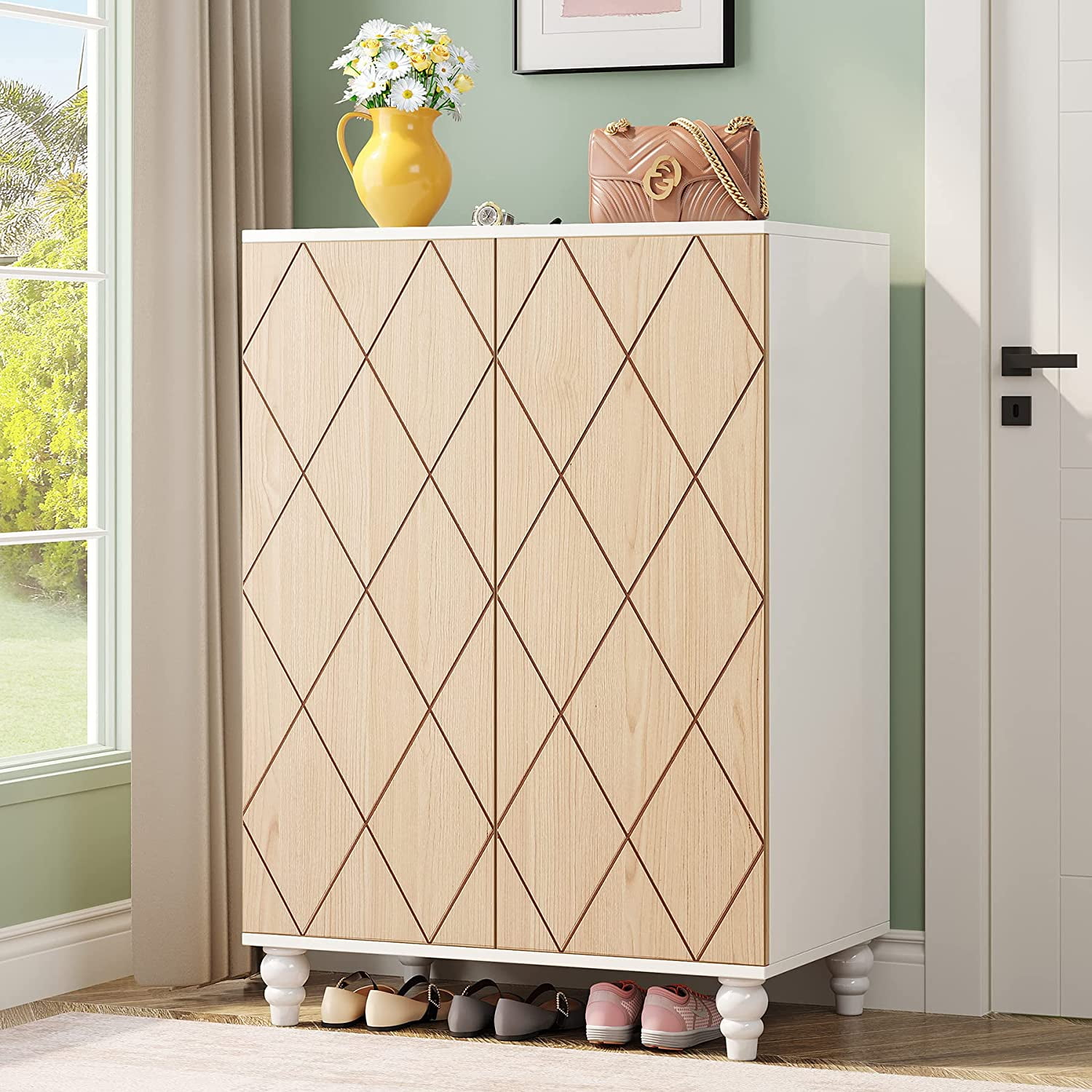 Tribesigns 2Door Shoe Storage with Solid Wood Legs,Wooden