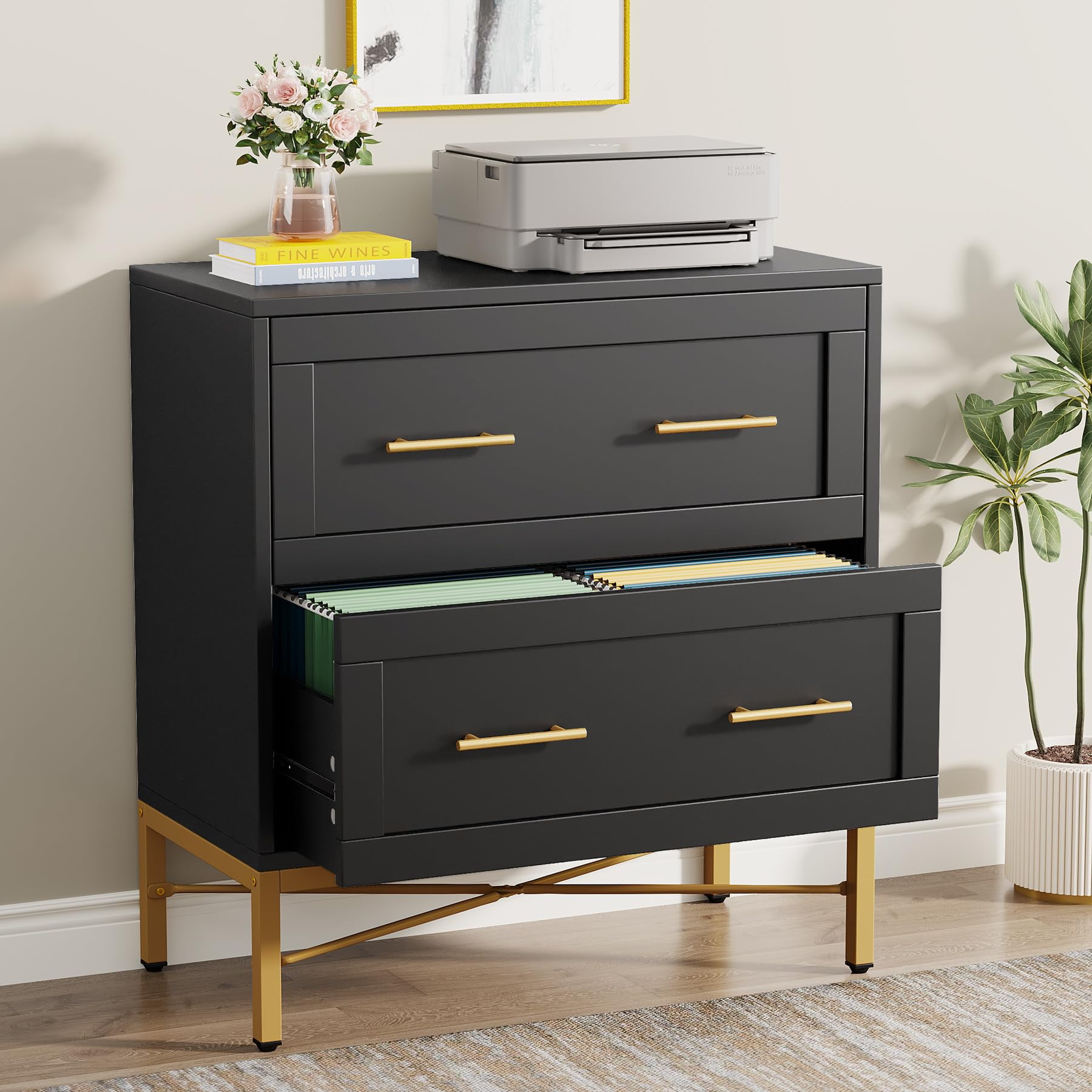 Tribesigns 2 Drawer File Cabinet, Modern Lateral Filing Cabinet for Letter/Legal/A4, Large Printer Cabinets,Black, Gold and Brown