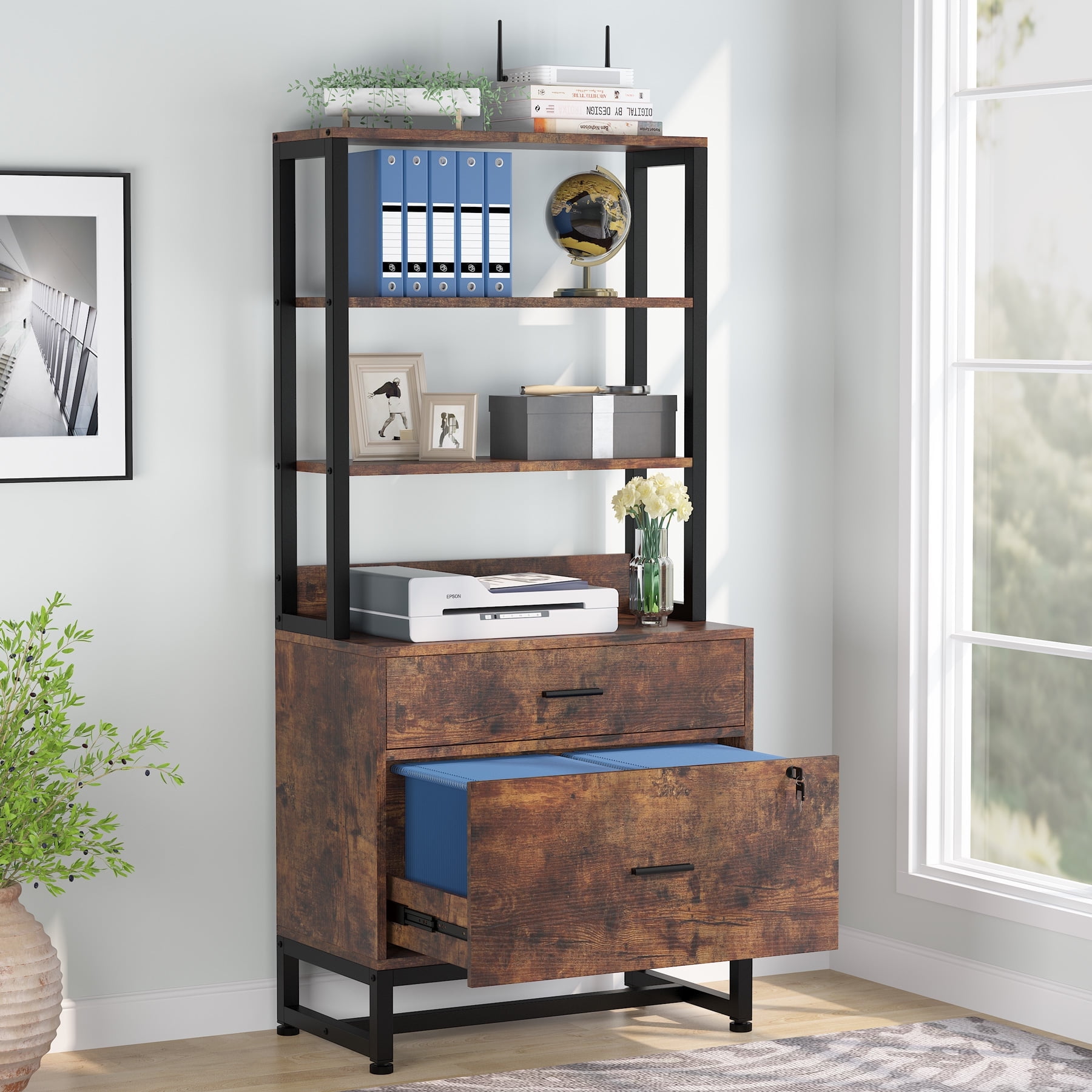 Tribesigns 2 Drawer File Cabinet with Lock, Letter Size Modern Filing Cabinet with Storage, Brown
