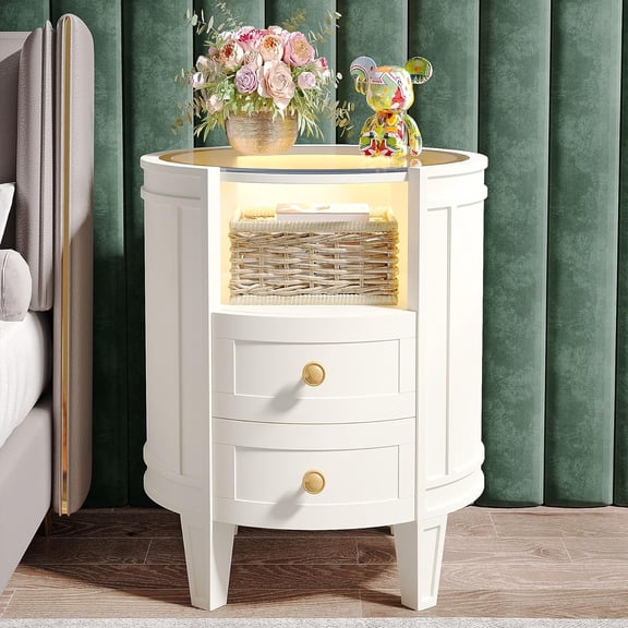 Tribesigns 2-Drawer Nightstand with LED Light, Modern Oval Nightstand with Glass Tabletop and Open Shelve, Ivory White