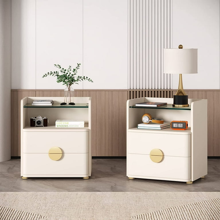 Modern Wood Nightstand with Gold Legs 2-Drawer Bedside Table in White