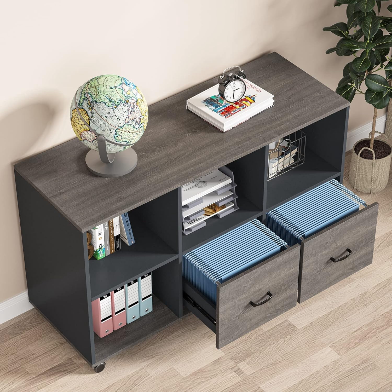 Tribesigns 43-inch Mobile Lateral File Cabinet With 2 Drawers & Open Shelves - Rolling Office Storage, Light Grey