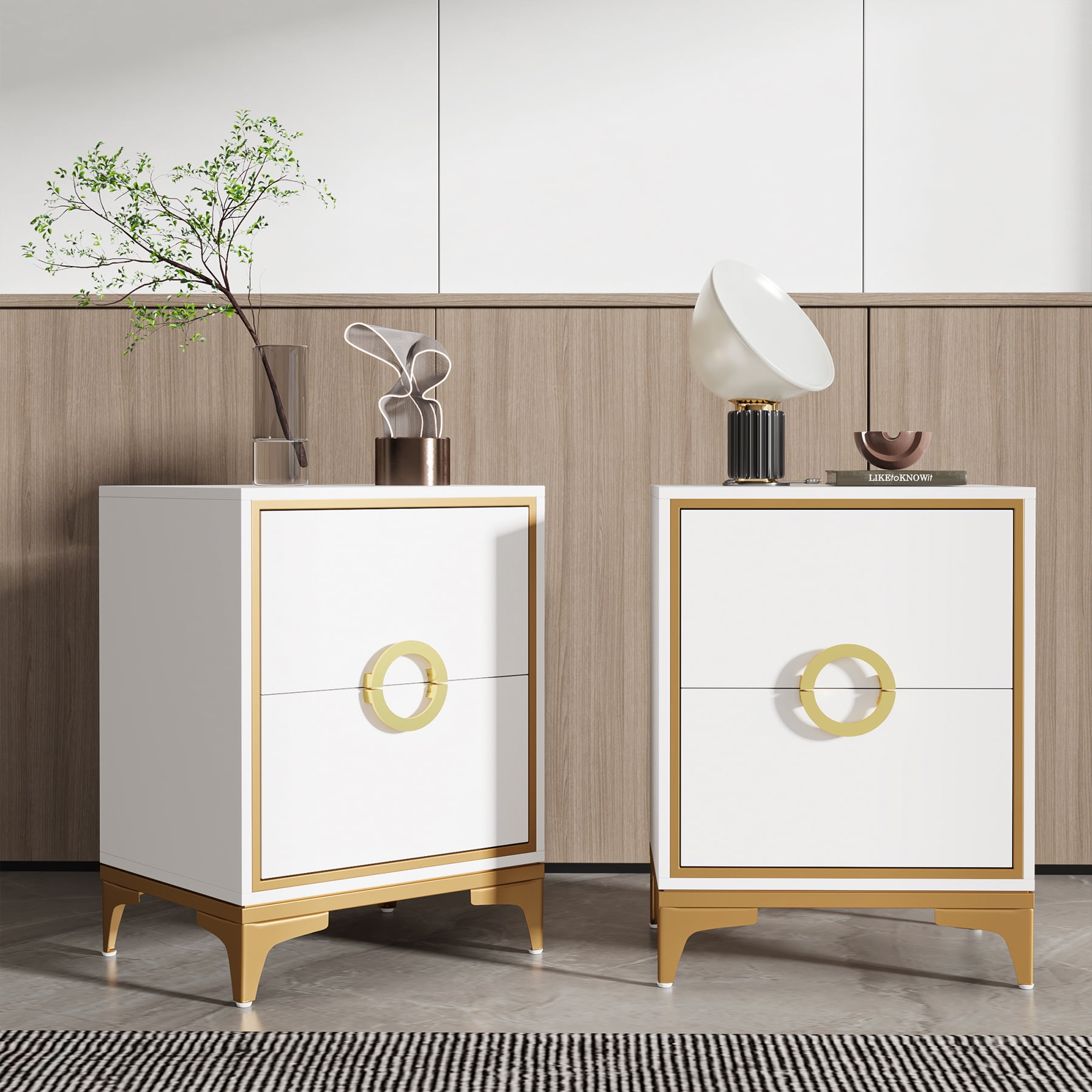 Tribesigns 2 Drawers Nightstand, White and Gold Bedside Table for