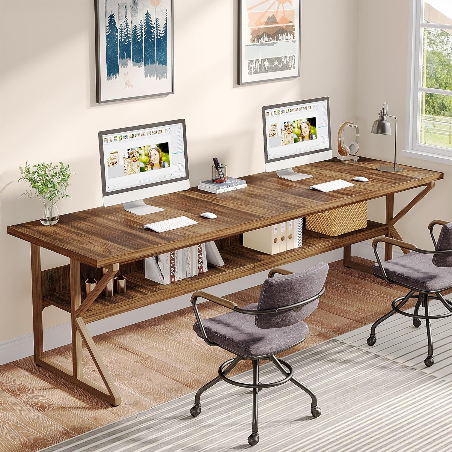 Tribesigns 2 Person Desk, 79-Inch Long Desk with Storage Shelf, Large ...