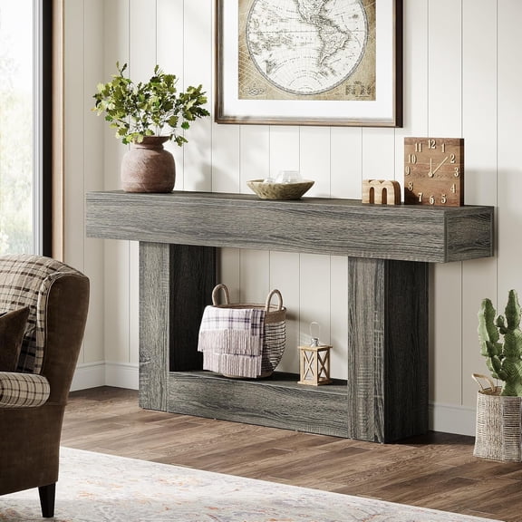 Tribesigns 2-Tier Console Table, 63" Entryway Table, U-Shaped Wood Sofa Table for Living Room, Hallway, Foyer, Gray