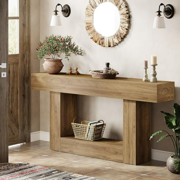 Tribesigns 2-Tier Console Table, 63" Entryway Table, U-Shaped Wood Sofa Table for Living Room, Hallway, Foyer, Light Brown