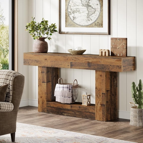 Tribesigns 2-Tier Console Table, 63" Entryway Table, U-Shaped Wood Sofa Table for Living Room, Hallway, Foyer, Mix Brown