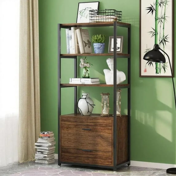 Tribesigns 2-Tier Drawer & 4-Tier Shelf Storage Unit, Multifunctional Bookcase Storage Tower for Bedroom, Living Room, Office, 60"H x 23.6"L x 15.7"W