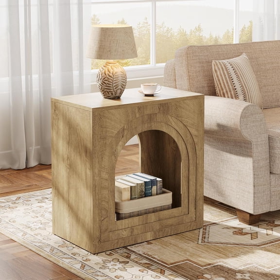 Tribesigns 2-Tier End Table, Farmhouse Arched Side Table, Narrow End Table with Arched Open Shelf for Living Room, Brown