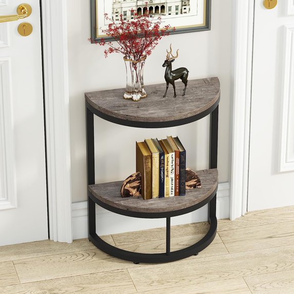 Tribesigns 2-Tier End Table Half Round, Farmhouse Demi-Lune Accent Table Curved Edge Wood Slim C Table for Sofa Couch, Living Room Small Space