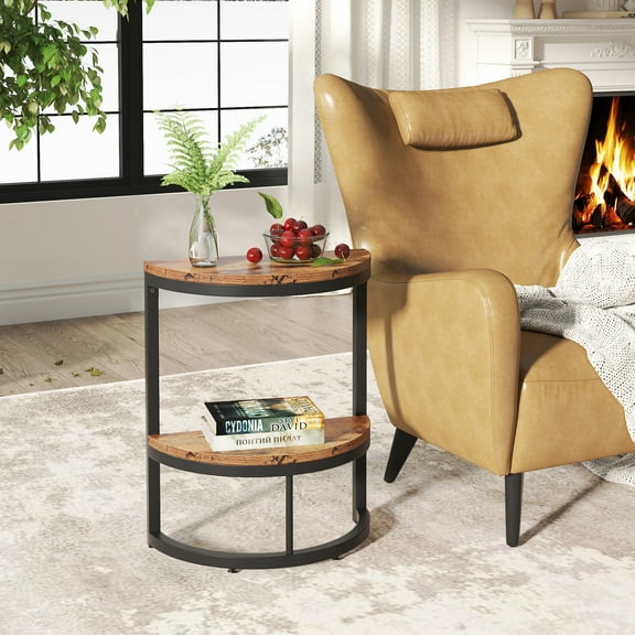 Tribesigns 2-Tier End Table Semi Circle, Wood Accent Table for Sofa Couch, Living Room(Rustic Brown)