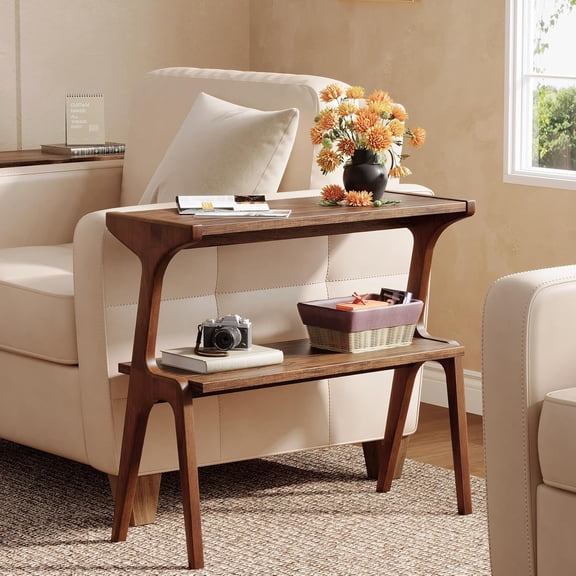 Tribesigns 2-Tier End Table, Solid Wood Side Table with Storage Shelf, Farmhouse Slim Sofa End Table for Living Room, Bedroom (1PC, Brown)