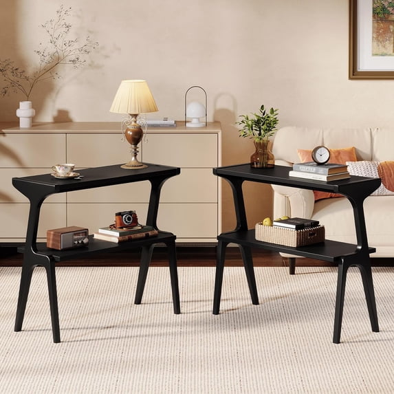 Tribesigns 2-Tier End Table, Solid Wood Side Table with Storage Shelf, Farmhouse Slim Sofa End Table for Living Room, Bedroom (2PCS, Black)