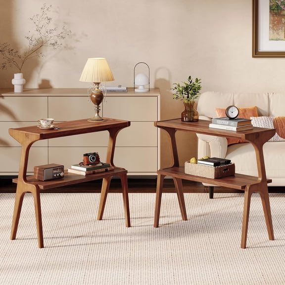 Tribesigns 2-Tier End Table, Solid Wood Side Table with Storage Shelf, Farmhouse Slim Sofa End Table for Living Room, Bedroom (2PCS, Brown)