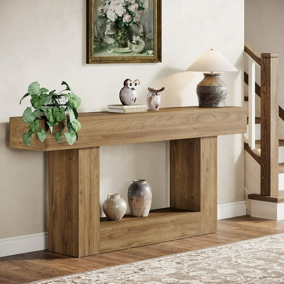 Tribesigns 2-Tier Farmhouse Console Table, Rustic Wood Sofa Table with Vintage U-Base, Light Brown